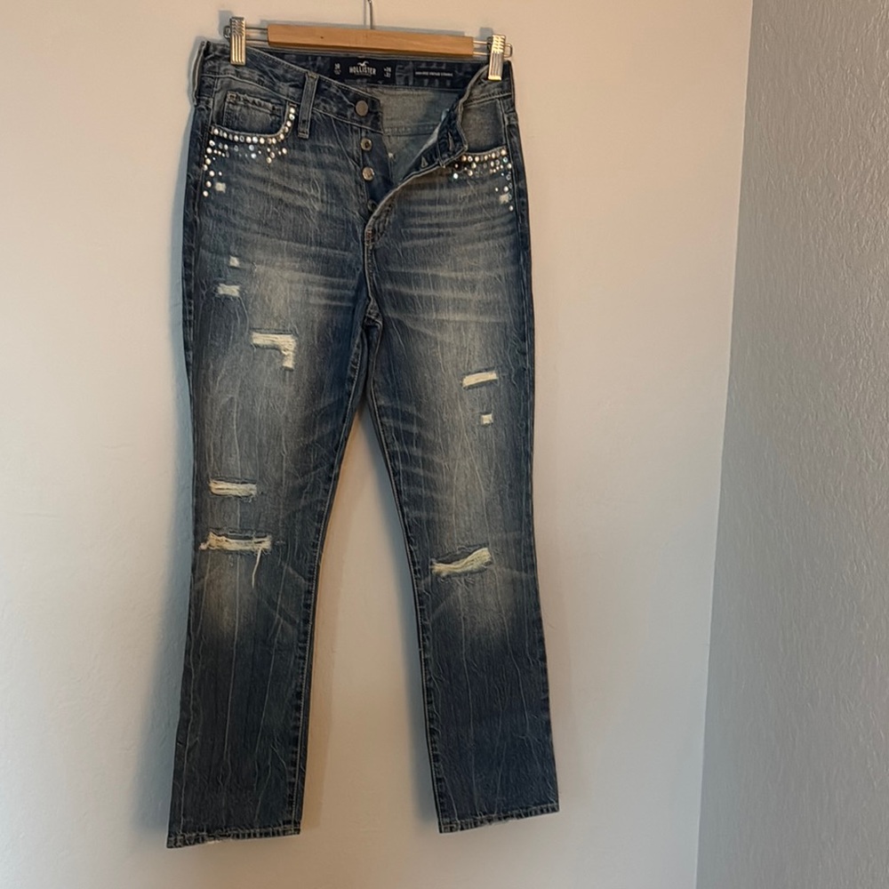 Hollister Blue Straight Leg Jeans with Distressed Details